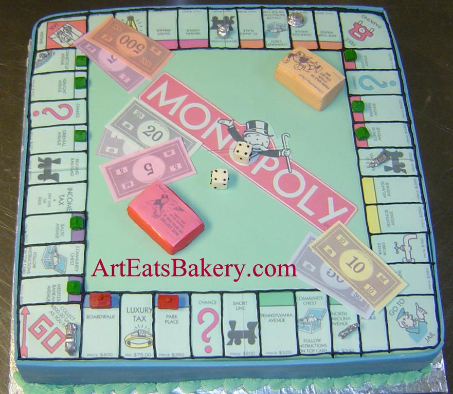 Unique Monopoly board game birthday cake with edible money, dice, and